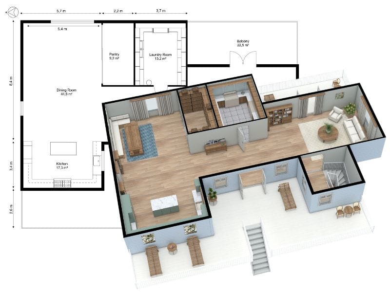 Combined 2D and 3D floor plan showing the same home layout, with room labels, dimensions, and a furnished 3D view.