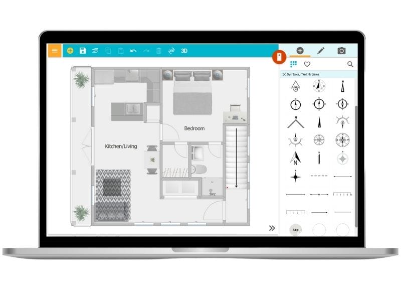 Laptop screen displaying interior design software with a 2D floor plan open. The plan shows a small apartment layout with a combined kitchen/living room, one bedroom, bathroom, and a staircase. The interface includes a top menu with icons for editing tools, a “3D” button, and a sidebar on the right featuring various symbols such as compass roses and direction arrows.