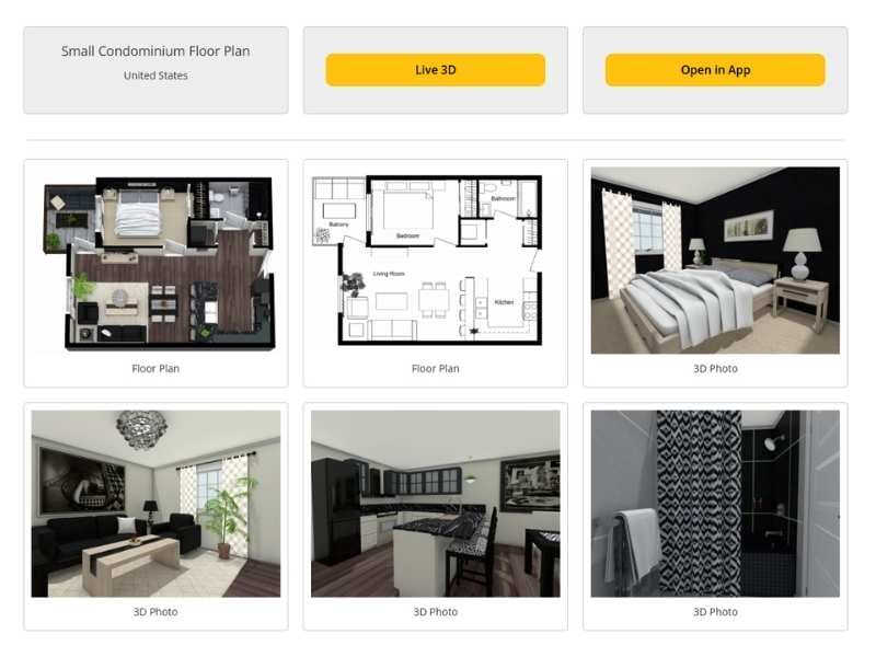 Overview of a small condominium floor plan project, showing 2D and 3D floor plans along with 3D interior photos of a bedroom, living room, kitchen, and bathroom. Includes buttons for Live 3D view and opening the project in an app.