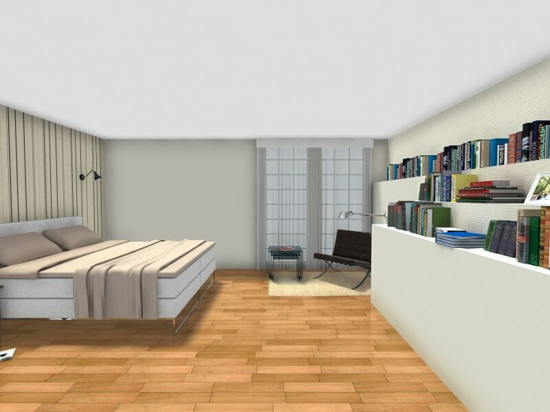 3D Photo of a master bedroom with a double bed, bookshelf, and a reading nook.