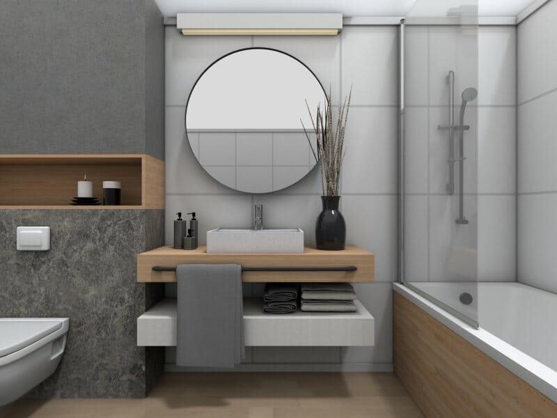 3D Photo of a guest bathroom in grey and wooden tones and with black details. 