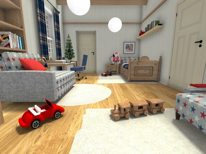 3D-rendered children's bedroom decorated for the holidays. The room includes a wooden bed with a Santa doll, a small desk with a blue chair, a gray sofa with star-patterned upholstery, and several toys on the floor including a red toy car and a wooden train.