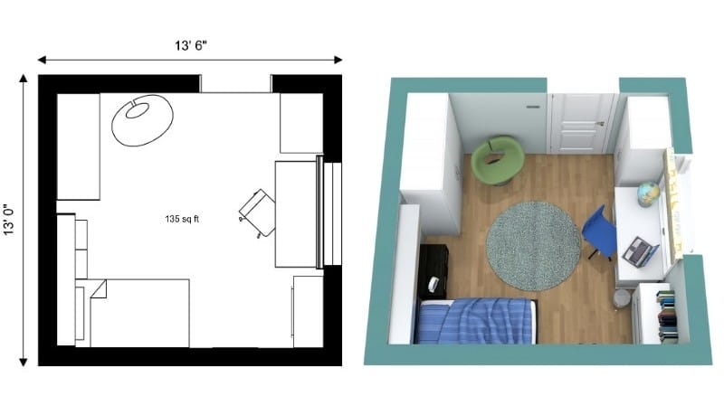 Bedroom floor plan measuring 13’6” x 13’0”, with a 2D black-and-white layout on the left and a 3D colored design on the right. The room includes a single bed with blue bedding, a study desk and chair by the window, built-in wardrobes, a round green armchair, and a circular rug in the center.