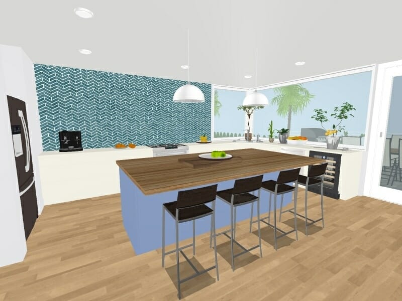 3D kitchen design with a large wooden island, blue base cabinets, and four bar stools. The kitchen features a bold blue herringbone tile backsplash, white countertops, pendant lighting, and large windows with a view of palm trees and a patio area.