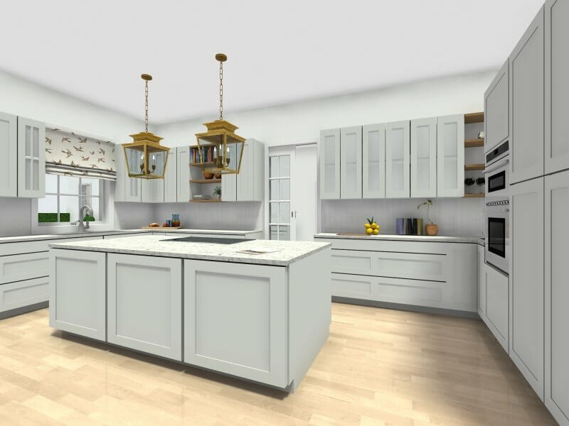 3D Photo of a white kitchen with an island. 