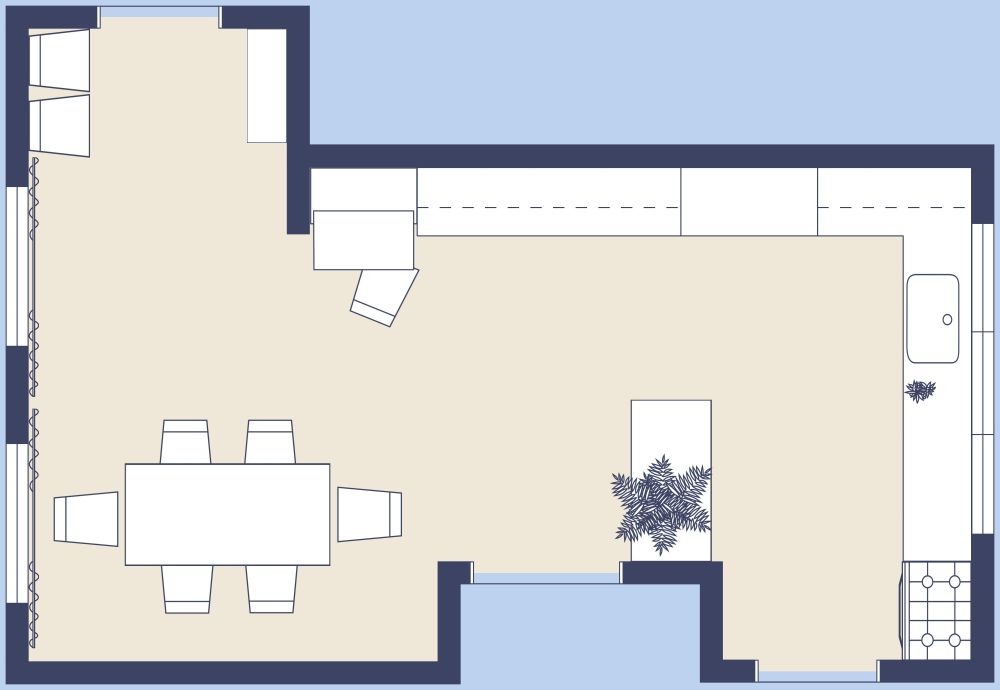 L-Shaped Kitchen 3D Floor Plan with Dining Area