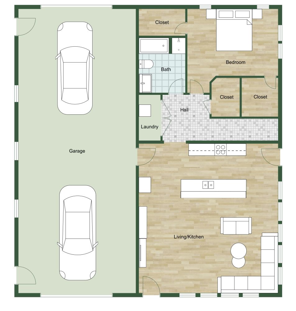 Large Garage Apartment 2D Floor Plan With Two Doors