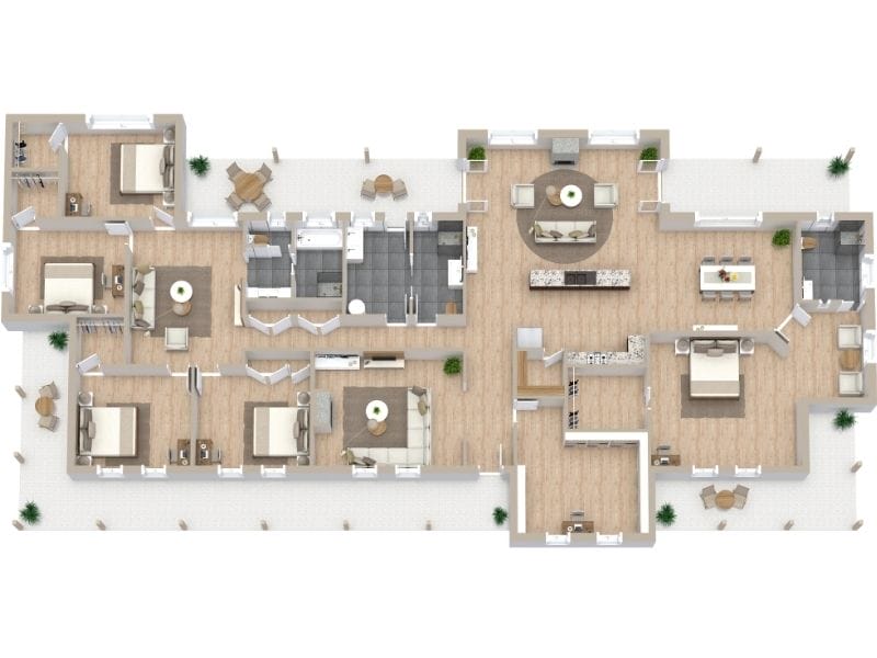 Large 3D floor plan of a single-story home with multiple bedrooms, several bathrooms, two living areas, a large kitchen with an island, a separate dining space, and wide wraparound outdoor terraces.