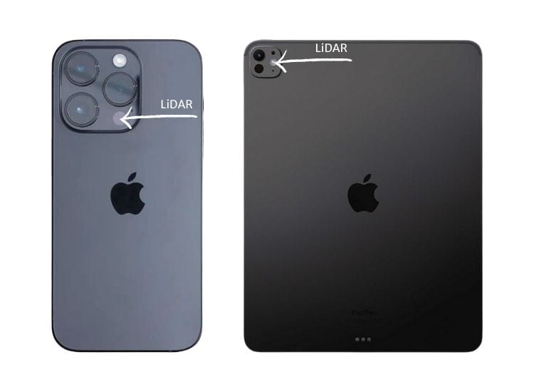 An iPhone and an iPad Pro are shown side by side from the back, each with a white arrow pointing to the LiDAR sensor. The iPhone's LiDAR scanner is located within the camera cluster, while the iPad Pro's is positioned near the top-left corner beside the camera. Both are labeled clearly with the word “LiDAR,” helping users identify which Apple devices are compatible with the floor plan scanning app.