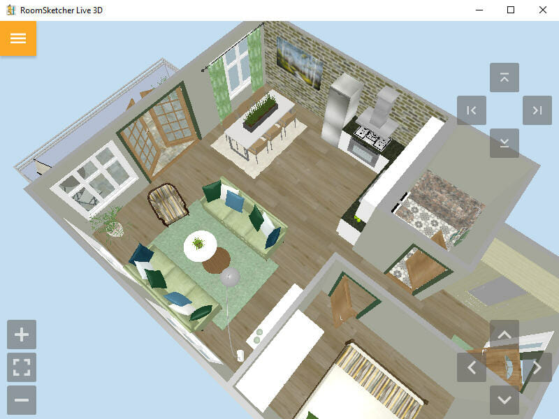 3D view of an apartment interior displayed in the RoomSketcher Live 3D interface. The layout includes a living room with a green sectional sofa and accent pillows, a dining area with a rectangular table, and a kitchen with modern appliances and a brick accent wall. Nearby rooms include a bedroom and a bathroom with patterned floor tiles. Navigation controls are visible around the screen for adjusting the view.