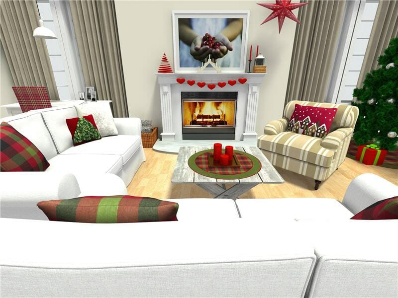 3D-rendered image of a cozy holiday living room. A white sectional sofa with red and green plaid pillows faces a coffee table with red candles. A striped armchair sits next to a Christmas tree with silver ornaments and wrapped presents. The fireplace is lit and decorated with a red heart garland. Above the mantel is a photo of hands holding cranberries.