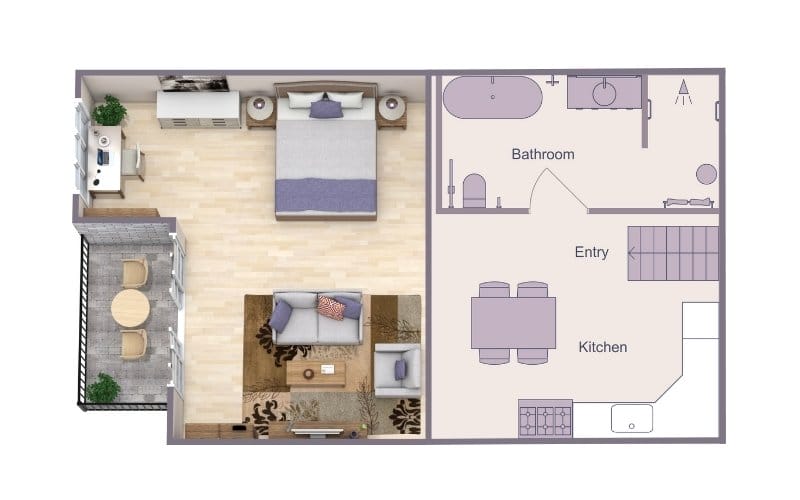 Hybrid 2D/3D floor plan of a one-bedroom apartment. The left side is shown in 3D, featuring a furnished bedroom, living area, and balcony with realistic textures and decor. The right side is in 2D, clearly labeling the bathroom, entry, and kitchen for a simplified overview of the layout.