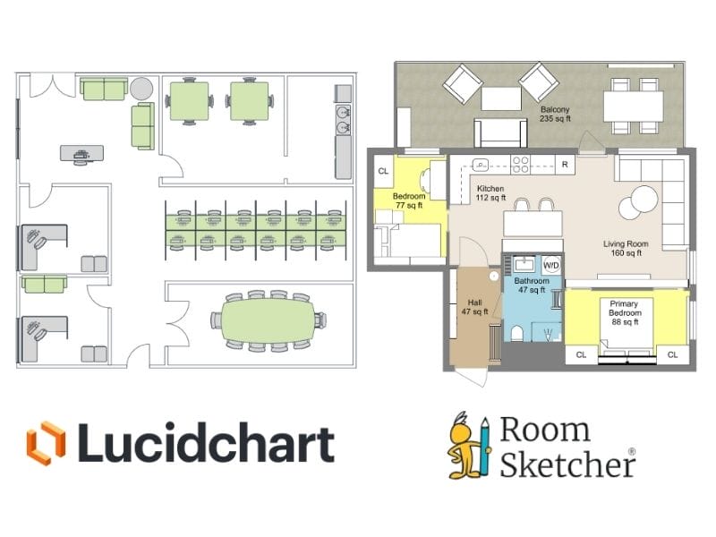 Comparison of a 2D floor plan created using Lucidchart software and a 2D floor plan from the RoomSketcher software featuring color-coded rooms, bedrooms in yellow, blue bathroom, beige living room and kitchen, and brown hall. RoomSketcher floor plan also features room names and measurements. Lucidchart floor plan is an office building with green tables, grey chairs, and fixtures.