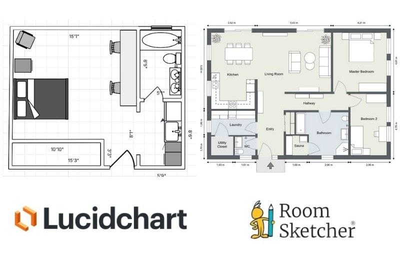 Comparison of 2D Floor Plan with measurements of Lucidchart and RoomSketcher. The Lucidchart floor plan features a hotel room with a bed, chair, table with two chairs in one room, as well as a sink with a fridge next to it. One bathroom with a double sink, one toilet and a bathtub. The RoomSketcher floor plan is of a house with two bedrooms, one bathroom, one half bath. The kitchen, dining and living room is in an open floor plan. There is also a laundry room and a utility room.