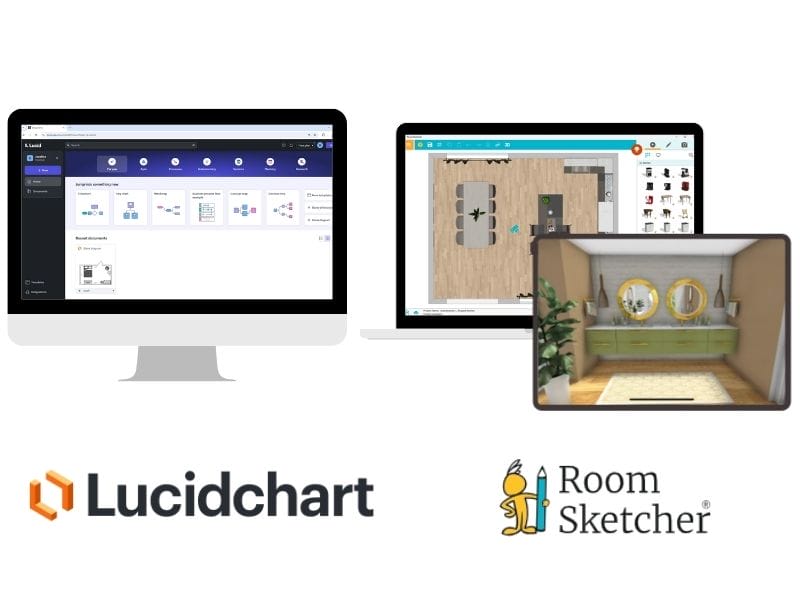 Lucidchart vs. RoomSketcher platform availability comparison. Lucidchart is on a web browser, and RoomSketcher is on both a computer and a tablet. The computer shows the RoomSketcher app with a kitchen design, while the tablet shows a green bathroom design.