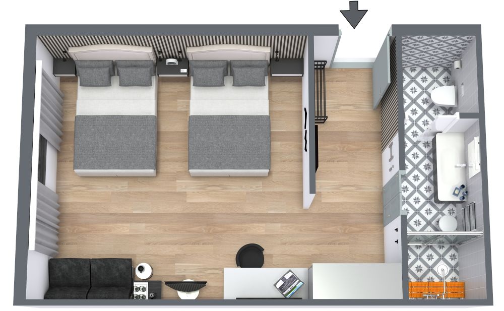 Luxury Hotel Room Floor Plan with Twin Beds