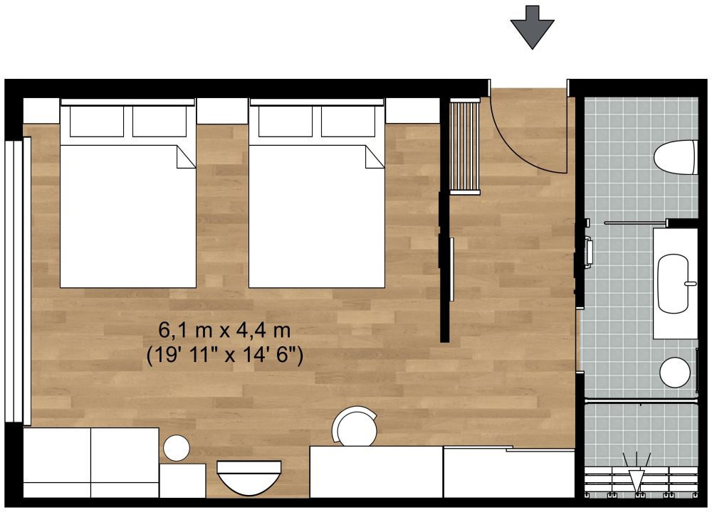 Luxury Hotel Room 2D Floor Plan with Twin Beds