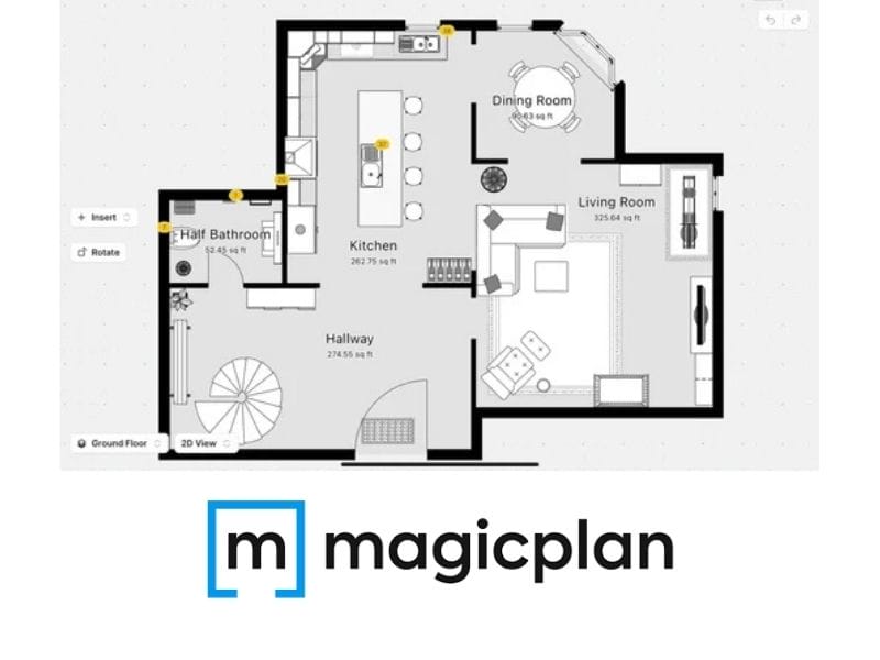 magicplan 2D floor plan first floor. There's a kitchen, hallway, half bathroom, dining room and a living room on this floor. A spiral staircase is leading up to the next floor.