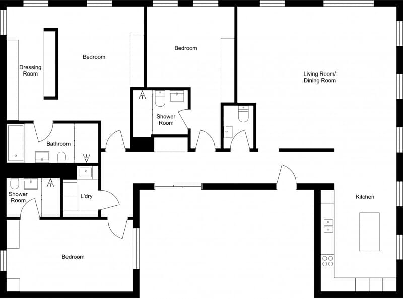 Black-and-white 2D floor plan created with RoomSketcher, showing a three-bedroom layout with a dressing room, two shower rooms, one bathroom, a laundry room, an open living/dining area, and a separate kitchen. Room labels, fixtures, and doors are clearly marked for easy navigation.
