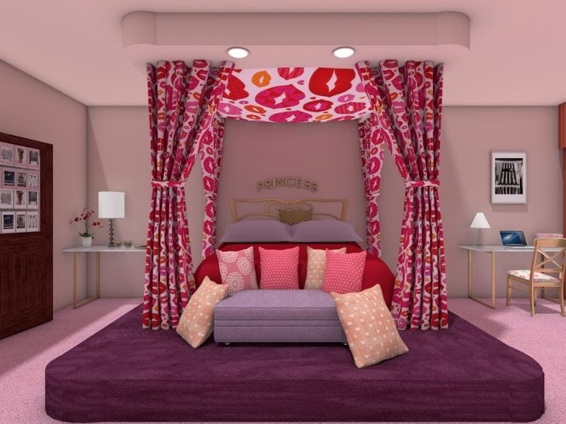 3D Photo of Regina George's bedroom from the movie Mean Girls. The photo shows a front view of the raised bed with curtains and decorative pillows around it. The colors are pink and purple.