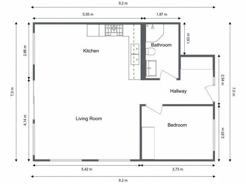2D floor plan of a one-bedroom apartment with full outer wall measurements in meters. The layout includes a kitchen, living room, bathroom, hallway, and bedroom. Each room is labeled, and all wall lengths are clearly marked to show the exact dimensions of the apartment (9.2 m x 7.0 m overall).
