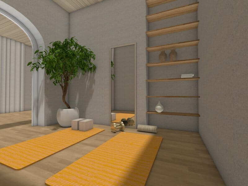 3D Photo of a meditation room with orange yoga mats and wooden shelving. 
