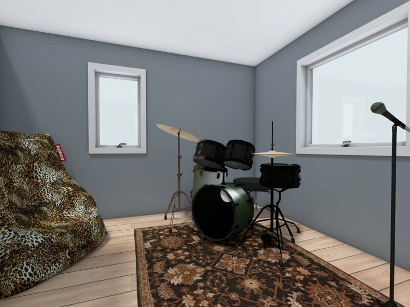 3D Photo of a music room with drums and a microphone.