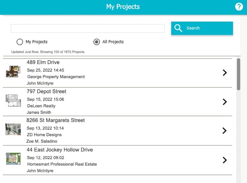 Screenshot of the “My Projects” section in the RoomSketcher app, showing a searchable list of floor plan projects.