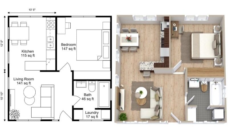 Side-by-side 2D and 3D floor plans of a one-bedroom apartment, showing an open living room and kitchen, a separate bedroom, and a bathroom with a small laundry area.