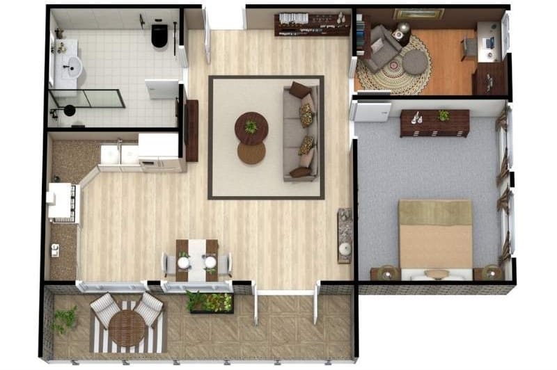 3D floor plan of a one-bedroom Scandinavian apartment featuring a bright, airy living room, kitchen, dining area, bathroom, and office area. The layout features light wooden floors, minimalist furniture, and neutral decor and has a private terrace and outdoor sitting area.