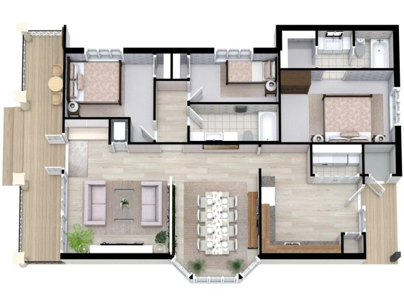 3D floor plan of a single-story home showing an open living and dining area, a large kitchen, three bedrooms, two bathrooms, and a spacious deck. The layout includes a central hallway, a corner kitchen with ample counter space, and a living room arranged with two sofas.