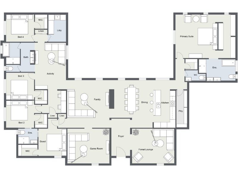 Five bedroom apartment floor plan with open kitchen, dining, and family room, formal lounge, game room, and foyer. Includes a primary suite with en-suite and walk-in closet, guest suite with en-suite, three additional bedrooms with walk-in closets, activity space, shared bathroom, laundry, and pantry.