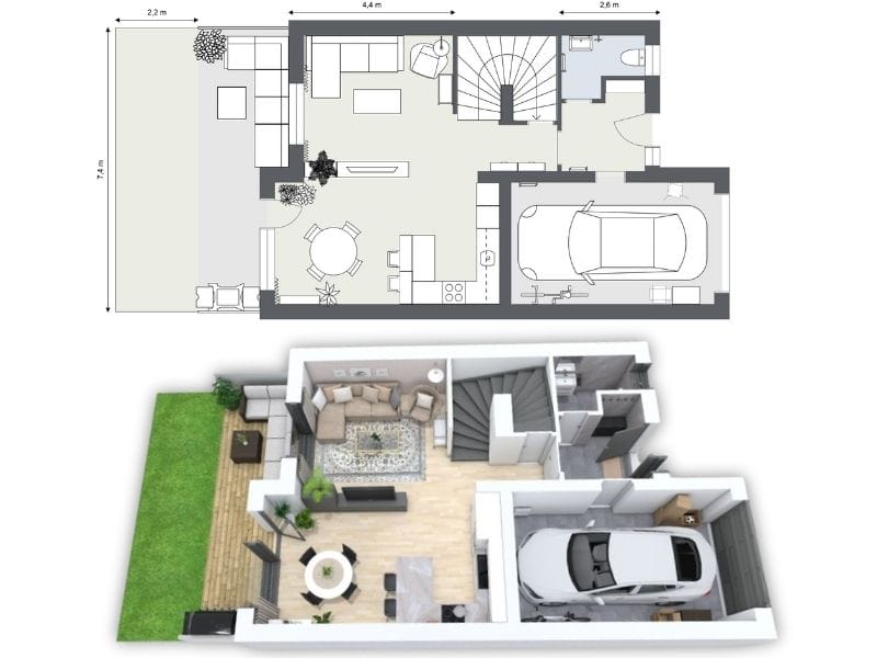 Top image: a 2D floor plan of a modern open-concept ground floor with a living room, dining area, kitchen, small bathroom, and an attached single-car garage. Bottom image: a matching 3D floor plan showing the same layout with furnished living and dining areas, an outdoor patio, and the garage.