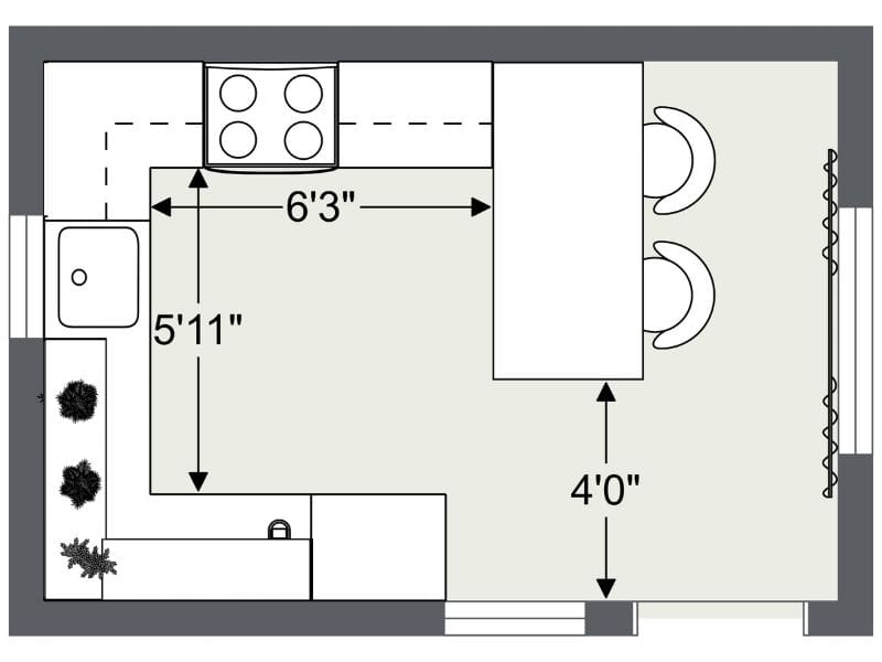 Floor plan of a small peninsula kitchen showing key walkway measurements: 6 feet 3 inches between the cooktop and peninsula, 5 feet 11 inches between the sink wall and cooktop wall, and a 4-foot walkway between the peninsula seating area and the opposite wall.