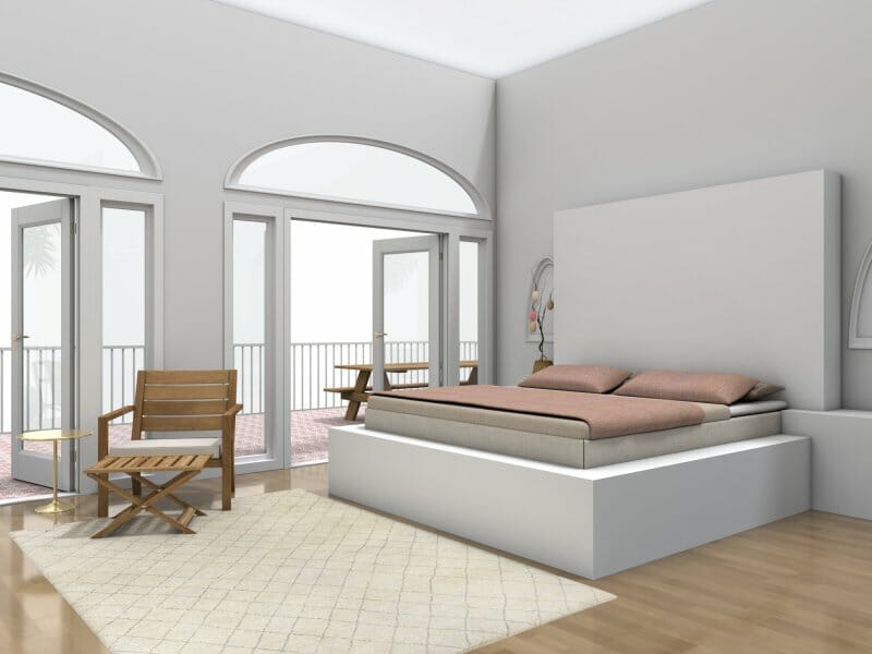 3D Photo of a white primary bedroom with a balcony. 