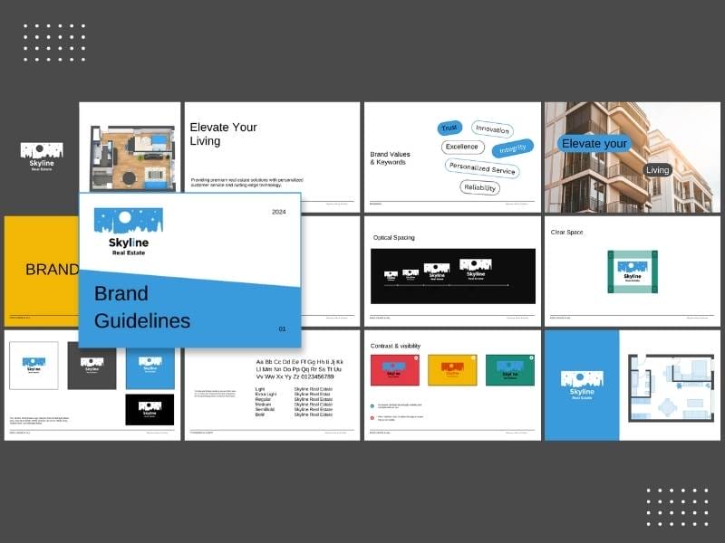 Presentation slides showing Skyline Real Estate brand guidelines. The slides include logo usage, brand values and keywords, typography, color contrast, clear space, and example layouts for marketing materials.
