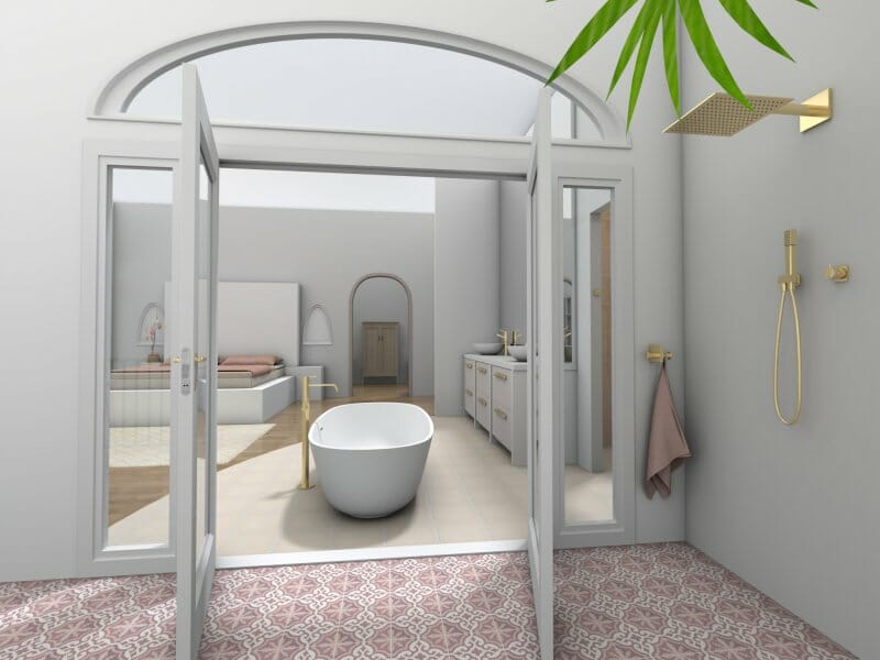 3D Photo of a bedroom with en suite with pink tiles and gold details.