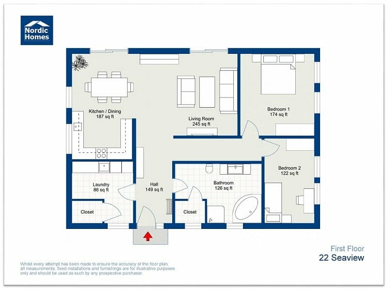 2D color floor plan labeled “First Floor – 22 Seaview” by Nordic Homes. The layout includes a kitchen/dining area (187 sq ft), living room (245 sq ft), two bedrooms, one bathroom, and a laundry room. Bedroom 1 is larger (174 sq ft) and located at the top right, while Bedroom 2 (122 sq ft) is adjacent. The entrance opens to a central hall (149 sq ft) with access to all rooms. The bathroom (126 sq ft) includes a bathtub and separate shower. Closets are located near the laundry and bathroom. Furniture and room functions are clearly illustrated.