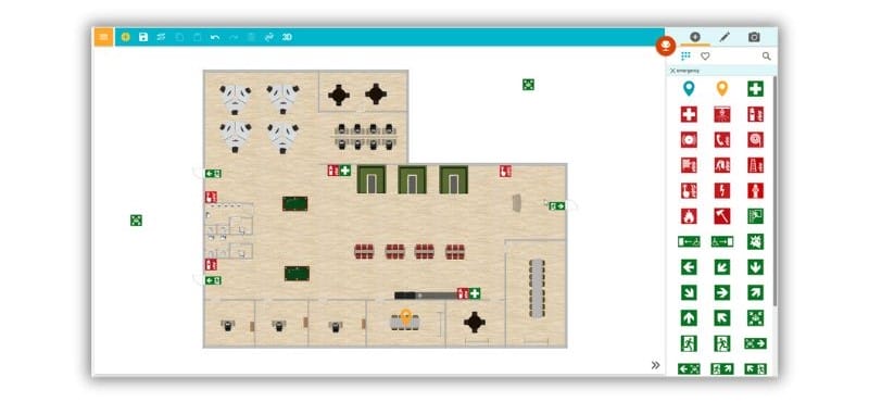 Screenshot of evacuation planning software showing a building floor plan with tables, seating areas, emergency exits, fire equipment symbols, and a side panel containing evacuation and safety icons used to design the plan.