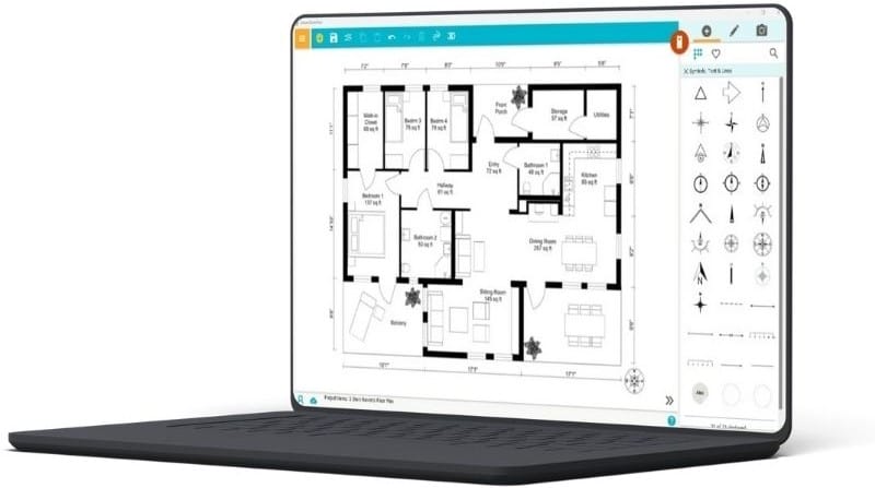 Angled view of a laptop displaying a 2D black-and-white floor plan within an interior design software interface. The screen shows labeled rooms including bedrooms, bathrooms, kitchen, dining room, sitting room, utility area, and porch. Icons and toolbars are visible along the top and right side of the screen, including options for inserting symbols like compass roses and directional arrows. The user interface is clean, with a blue and white theme, and the plan is actively being edited.