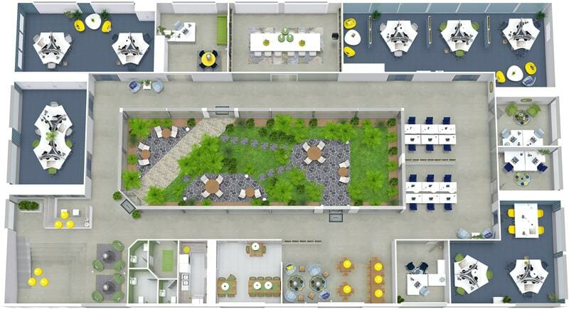 3D top-down floor plan of a modern office layout built around a central outdoor courtyard garden. The office features multiple open workspaces with desks arranged in clusters, private offices, meeting rooms, and lounge areas. The central courtyard includes greenery, walking paths, and outdoor seating areas. Shared facilities such as kitchens, restrooms, and casual seating zones with colorful furniture are located near the bottom of the layout. The design promotes natural light and collaboration with a mix of indoor and outdoor work environments.