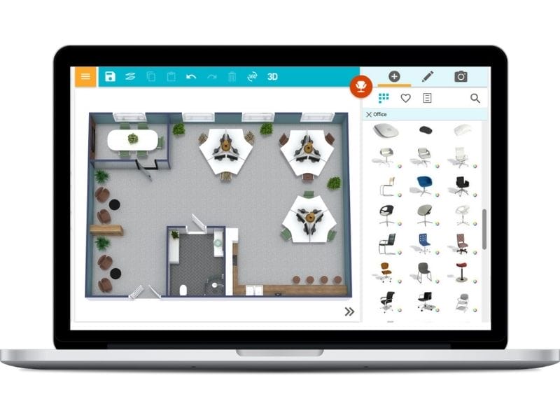 Laptop displaying a 3D office layout in floor plan software. The screen shows a workspace with hexagonal desk arrangements, a meeting room, a restroom, and a sidebar menu for selecting furniture items like office chairs.