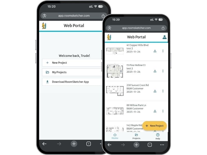 Two phones showing the RoomSketcher web portal interface.