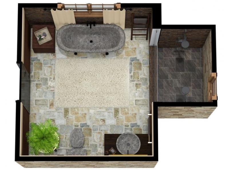 3D floor plan of a large spa-inspired full bathroom with a stone freestanding bathtub, open vanity with stone sink, and a separate walk-in shower. The design features natural stone tile flooring, rustic wood accents, a large rug, and indoor plants for a warm, organic feel.