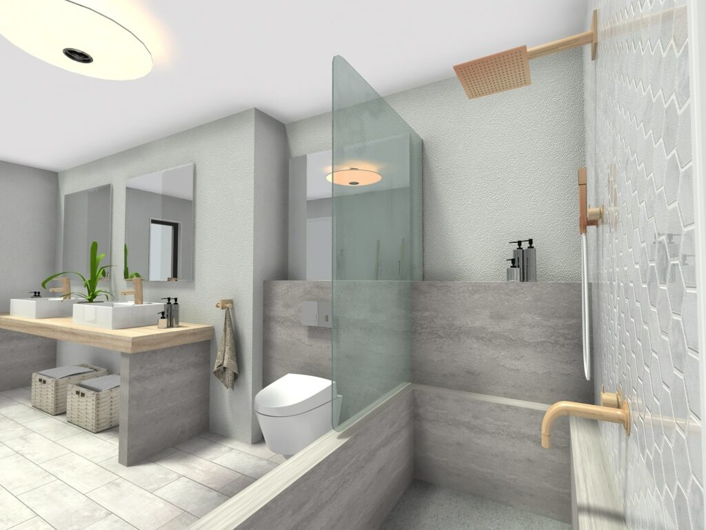 3D Image of Modern Scandinavian Bathroom Interior Design.