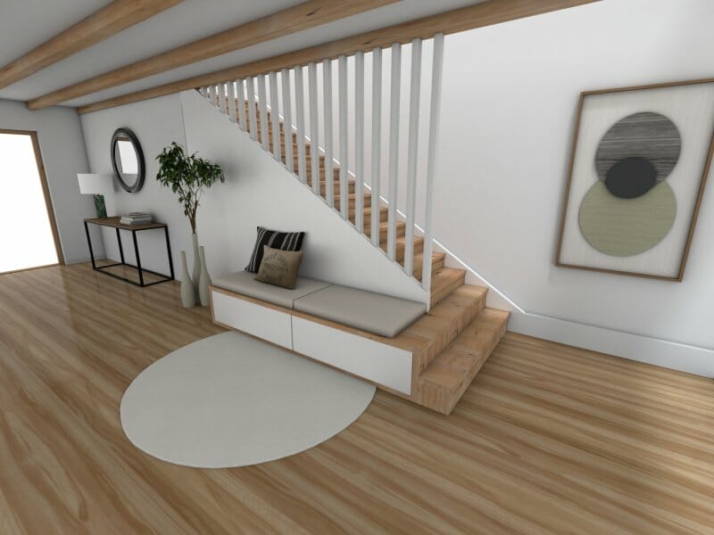 3D Photo of stairs with seating below it. 