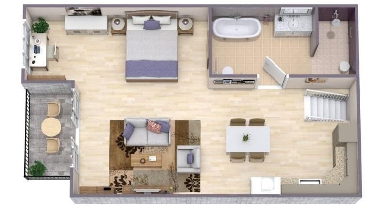 3D floor plan of a one-bedroom apartment with an open living and dining area, kitchen, large bathroom, and private balcony. The bedroom includes a desk area, and the layout features clear pathways for easy movement.