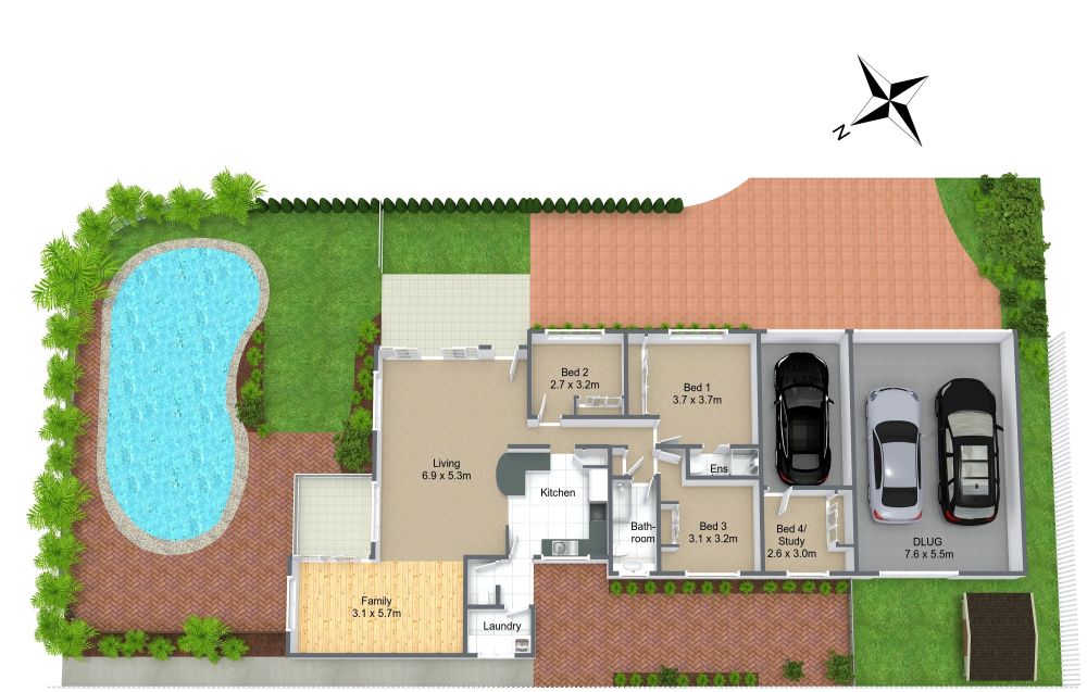 Site Plan with Pool and 3-Car Garage