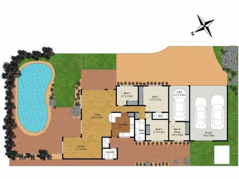 Color-coded floor plan of a single-story house with four bedrooms, two bathrooms, a kitchen, living and family areas, laundry, and an attached double garage. The layout opens to a backyard with a swimming pool on the left, a driveway and garage on the right, and labeled room dimensions throughout. A north arrow is shown in the top right corner.