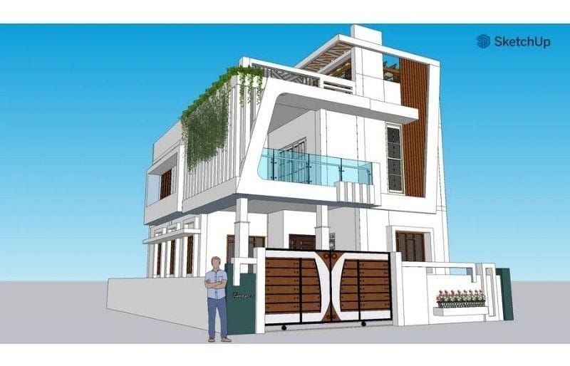 3D model made with SketchUp. The model shows a modern white geometrical house with a person next to it for scale. The house is architecturally drawn, has a gate, and is two stories tall. There are plants hanging from the rooftop and a planter outside of the railing on the ground floor. There are wooden elements on the gate and the top floor on the right of the building.